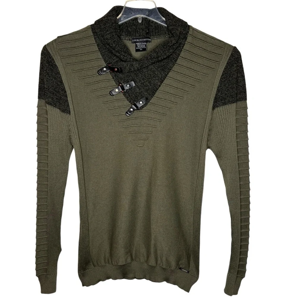 LCR Black Edition Olive Green Shawl Collar Hardware Detail Sweater Size XL NWT